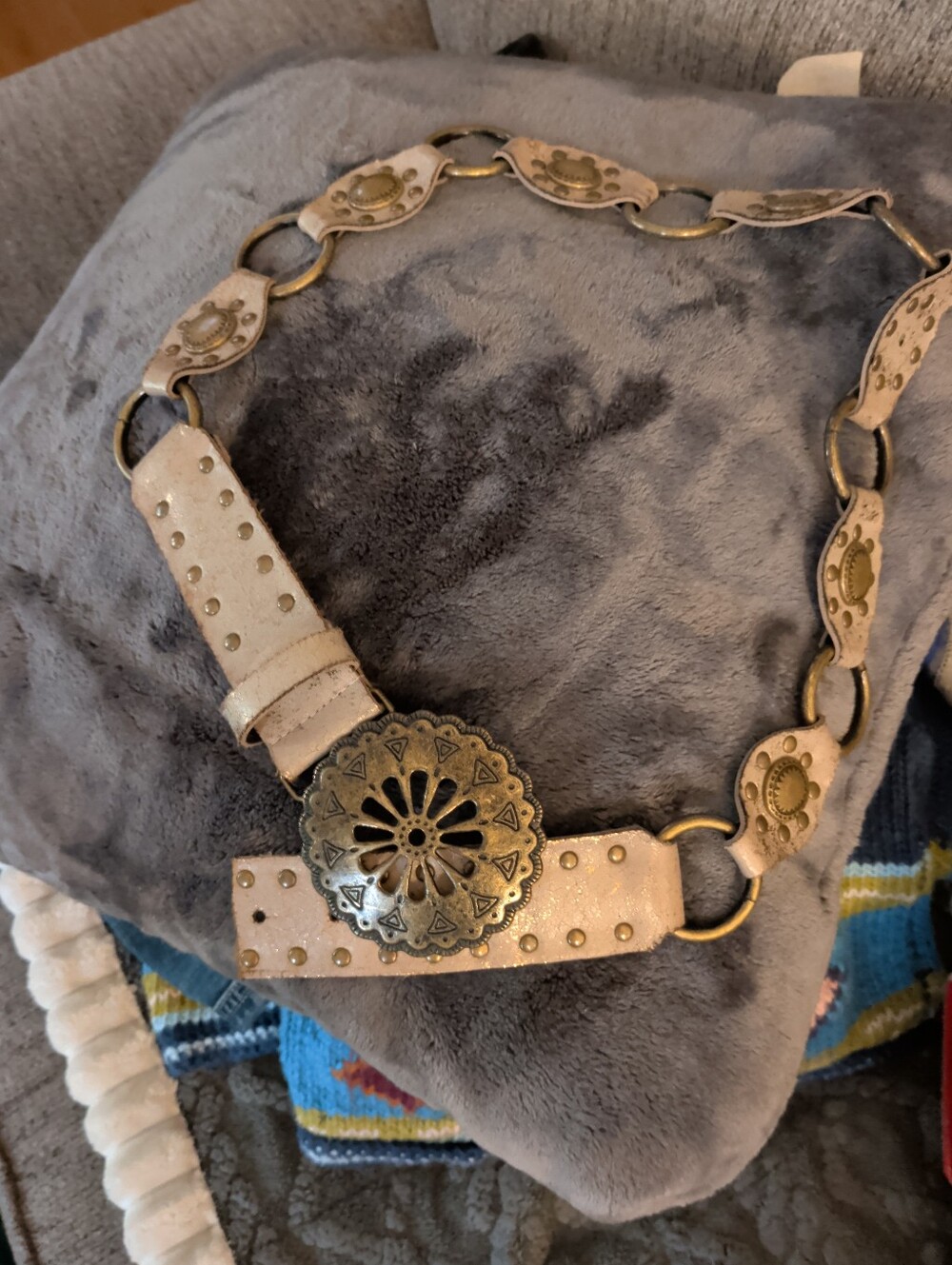 Beige Braided Leather Waist Belt with Antique Gold Medallion